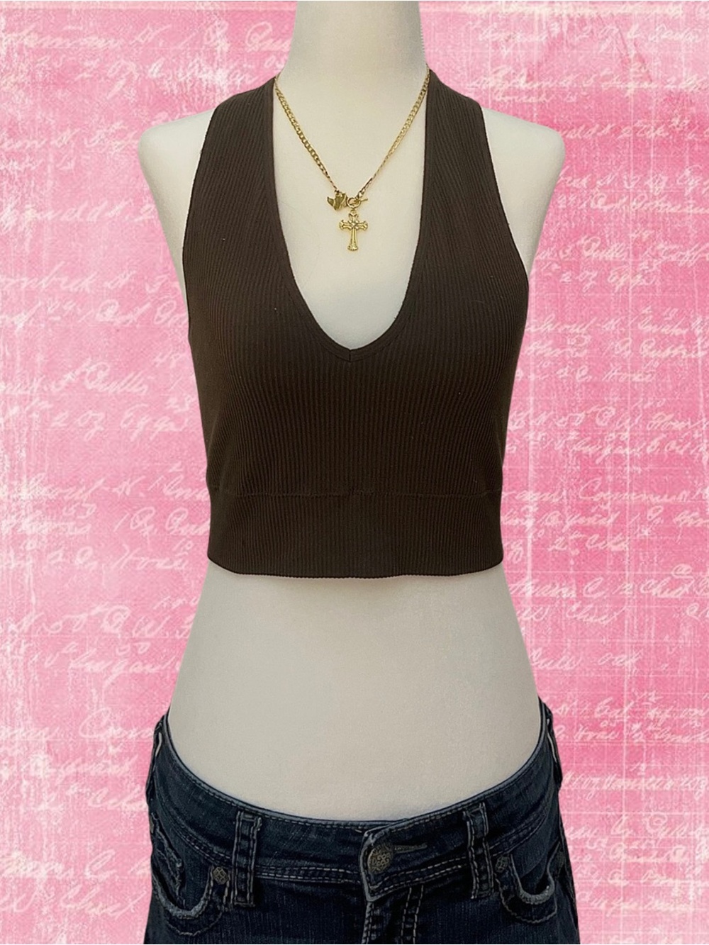 Garage Brown Ribbed V-Neck Cropped Tank